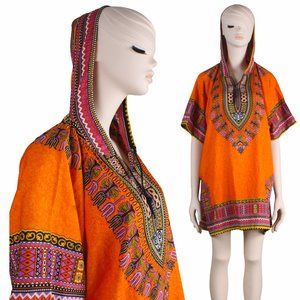 OS Vintage 1990s Dashiki Hooded Mini Dress Hippie